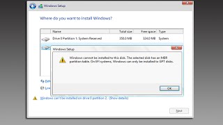 Windows cannot be installed to this disk. the selected disk has an MBR partition table