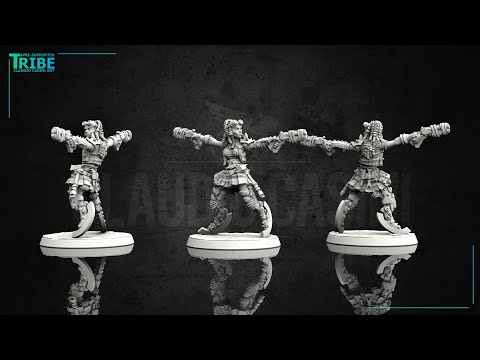 3D print miniatures, female post-apocalyptic sci-fi warrior with blade and rifle, september preview