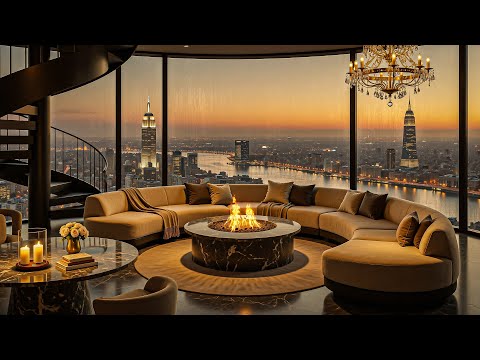 4K Luxury Jazz Penthouse 🌇 Sunset River View, Fire Ambience & Smooth Piano Escape