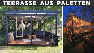 Terrasse aus Paletten bauen - Holzterrasse überdacht - Holz Terrasse Garten DIY - Palettenmöbel