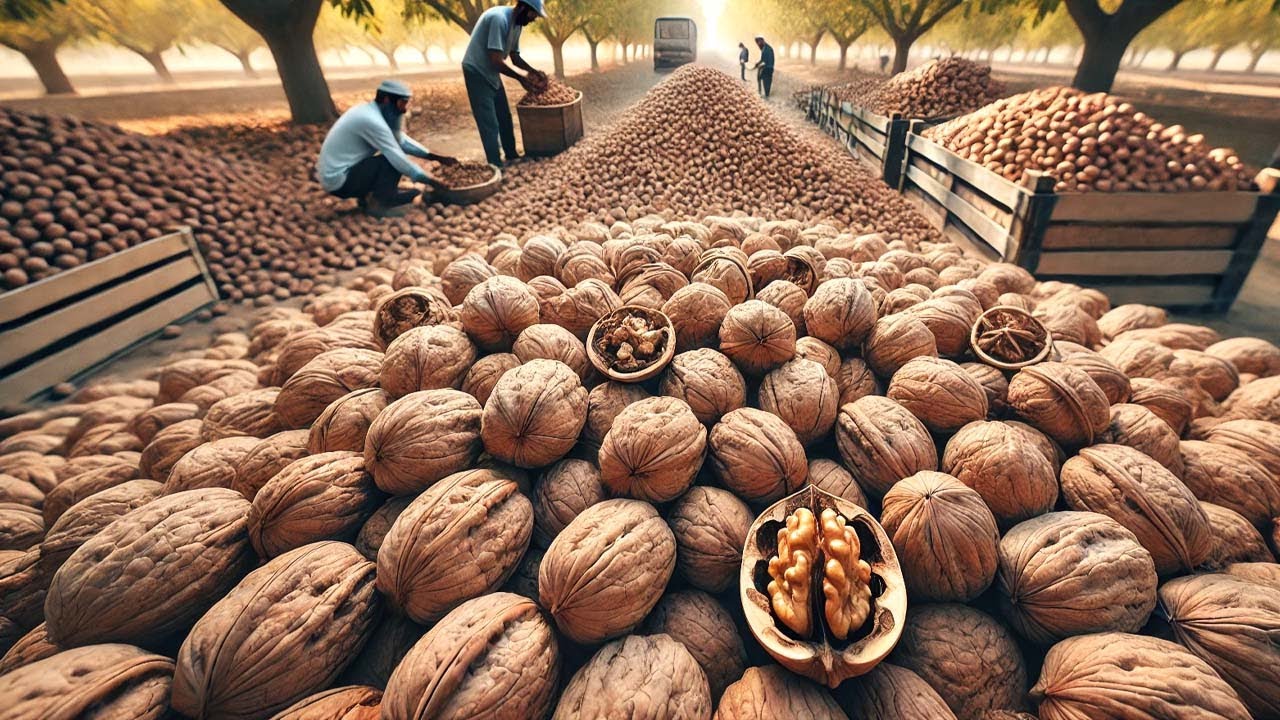 American Farmers Harvest And Process Walnuts, Pomegranates, Peaches And Chestnuts