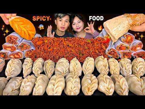 EXTREMELY SPICY CHOWMEIN🔥MASSIVE KATTI ROLL😱& BIG BUFF MOMO🥟SPICY ACHAR 🌶️| NEPALI MUKBANG |