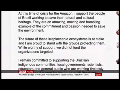 President of Brazil argument with Leonardo DiCaprio (Amazon/Global) - BBC News - 1st December 2019