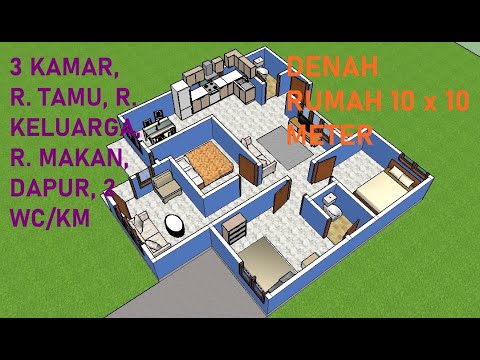 DENAH RUMAH 10x10 M, MODEL BD 359, 3 KAMAR, RUANG TAMU, R. KELUARGA, R. MAKAN, DAPUR, 2 WC/KM