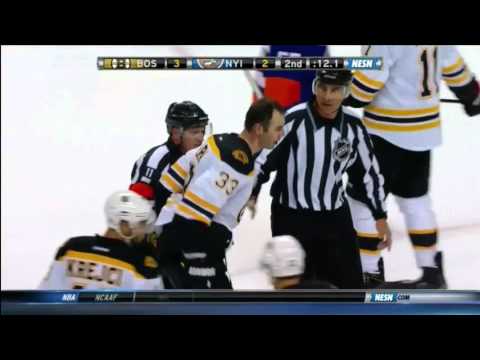 Cal Clutterbuck boards Zdeno Chara and then Chara gets Scary