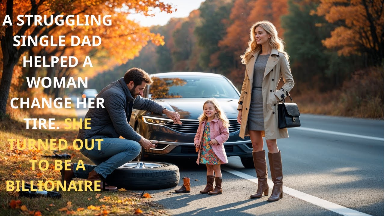 A STRUGGLING SINGLE DAD HELPED A WOMAN CHANGE HER TIRE. SHE TURNED OUT TO BE A BILLIONAIRE