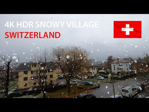 4K HDR Snowy Village - Peaceful Snowing at Dusk - Winter in SWITZERLAND  - Relaxing Snowfall Video