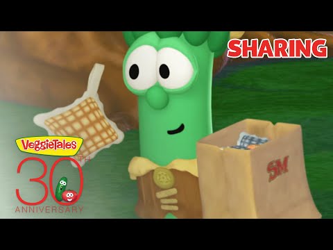 Thumbnail from VeggieTales: a green cartoon veggie with a waffle and a paper bag, promoting sharing; features 'SHARING' text and '30th Anniversary' logo