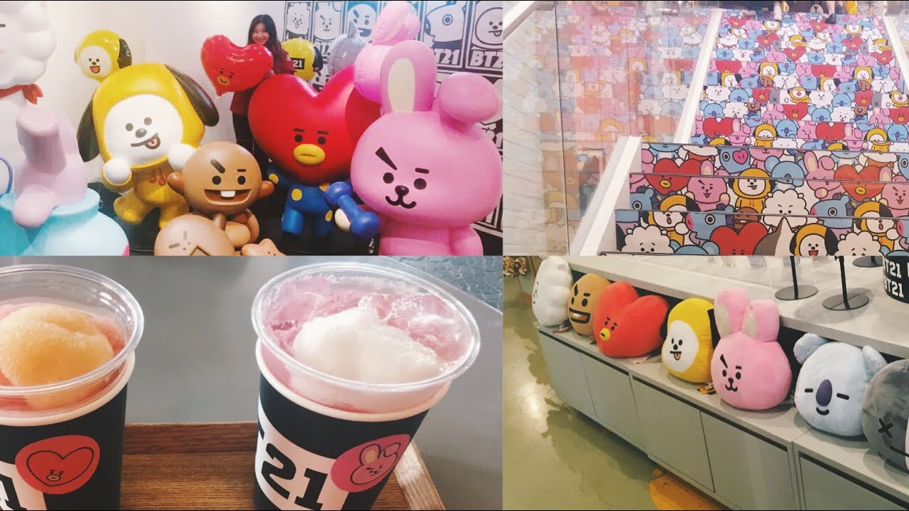 A fan visiting the BTS BT21 Line Friends Store in Hongdae with plush toys phone cases and stationery merchandise on display in the multi-floor store