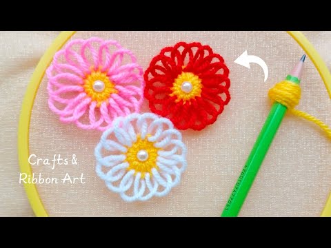 ☀️💖 Superb Woolen Flower Making Trick with Pencil - Hand Embroidery Amazing Flower Design Ideas