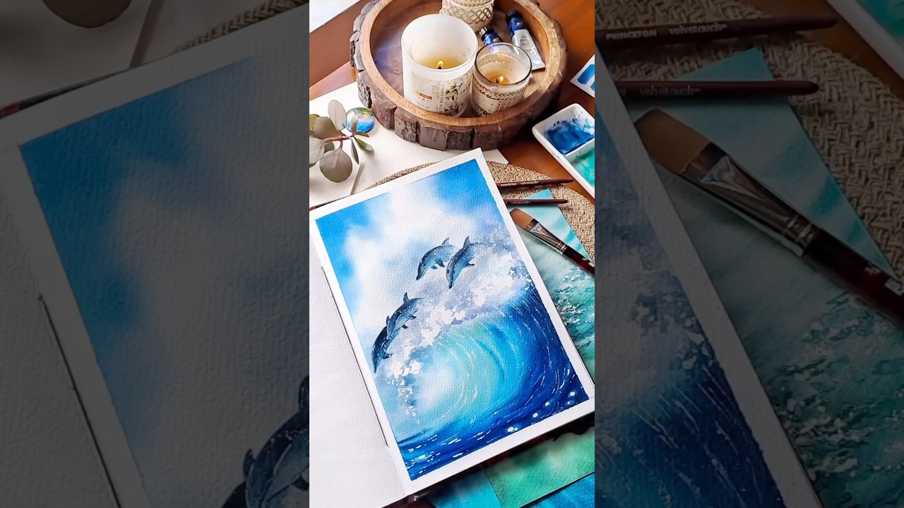 Mesmerizing Dolphins in Blue Sea | Stunning Watercolor Painting Reveal #oceanart #watercolorpainting