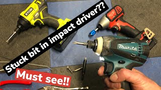 Easy!! How to remove a stuck bit from an impact driver (Ryobi, Dewalt, Makita, Ridgid, Milwaukee...)