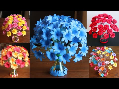 5 Beautiful Plastic Bottle Flower Vase Craft - Paper Flowers - Home Decor Ideas