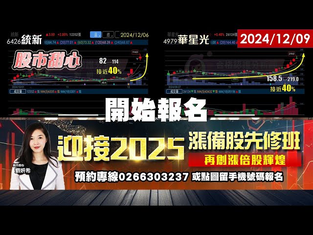 12/09【甜心盤後影音】迎接2025年漲備股先修班開始報名【狂賀！世紀．加百裕．東典光電．新盛力．興能高．映興．順達都賺到了，華星光．統新．濱川．神準繼續衝～