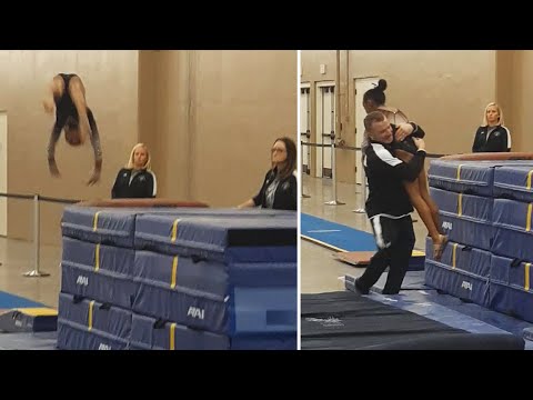 コーチが9歳の体操選手をギリギリで捕まえる (Coach Catches 9-Year-Old Gymnast Just in the Nick of Time)