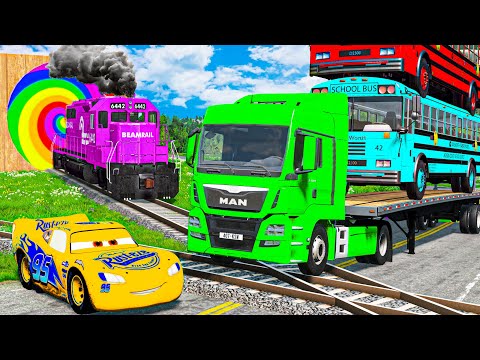 Flatbed Trailer Truck Rescue Bus - Cars vs Deep Water - Cars vs Rails and Trains - BeamNG Drive #005
