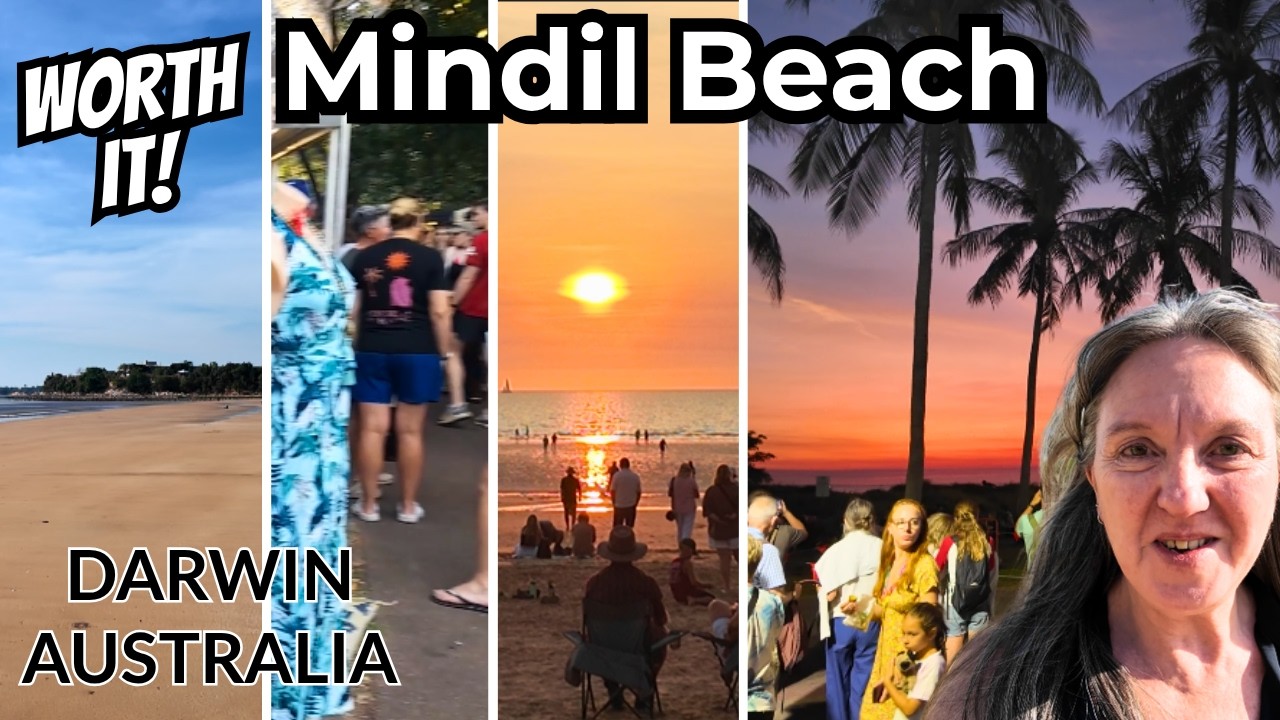 A calm walk along Mindil Beach with ocean waves and sunset colors