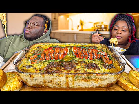 HOMEMADE EXTRA CHEESY LOBSTER AND SHRIMP ALFREDO!!! | NEVERHAVE I EVER | MUKBANG EATING SHOW!!