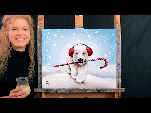 Learn How to Paint CANDY CANE POLAR BEAR with Acrylic - Paint & Sip - Animal Step by Step Tutorial