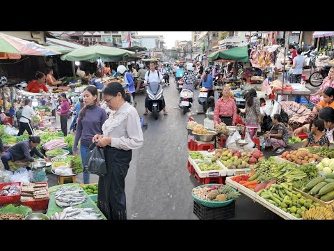 Evening Walk @Busy Market Scene: Fresh Pork, Fruits, Vegetables, Vendors | Phnom Penh