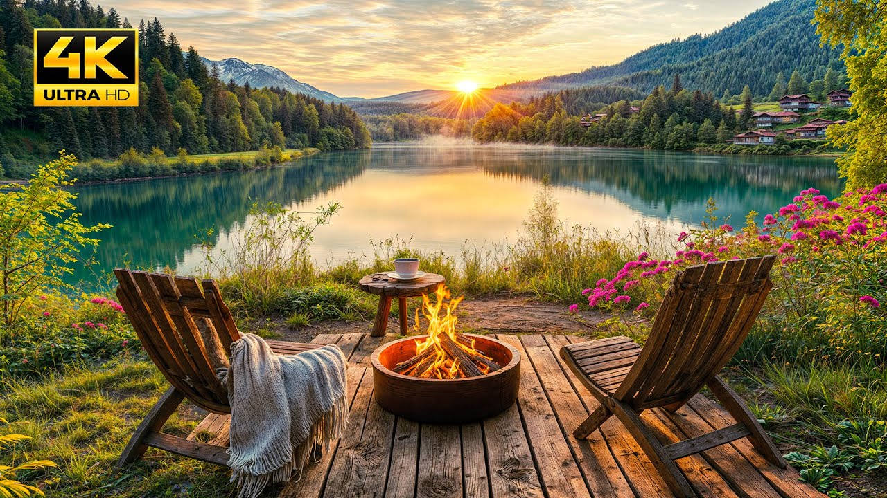 Spring Lake Serenity: Crackling Fire Pit and Birdsong Sounds. Nature Sounds for a Perfect Relaxation
