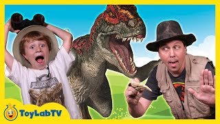 Raptor Dinosaurs &amp; Park Ranger Aaron at a Dinosaur Park with Surprise Toys in Family Fun Kids Video