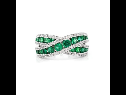 18k White Gold Emerald and Diamond Crossover Ring