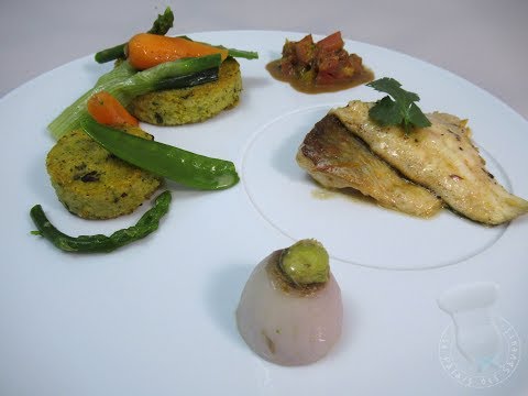 Omble chevalier doré au beurre, polenta aux herbes, vinaigrette tiède aux agrumes