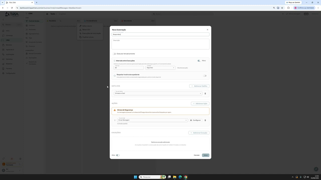 Como criar automação para mudar de coluna no TRIA CRM