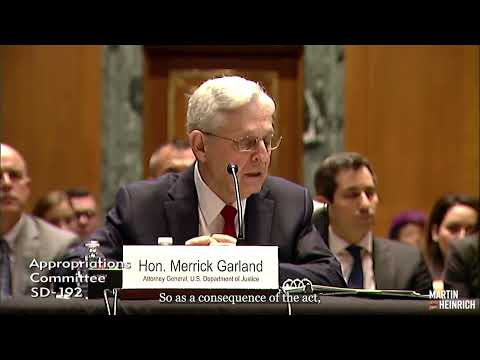 Senator Heinrich receives data from AG Garland at Appropriations Subcommittee Hearing