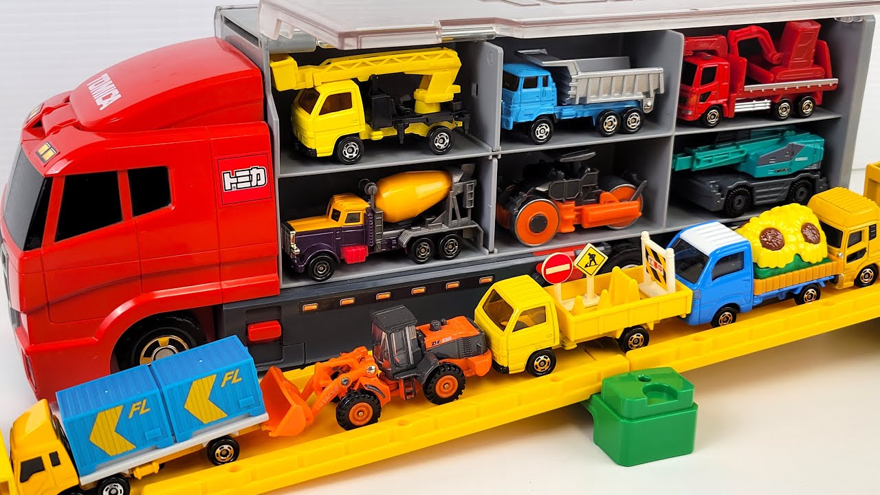 11タイプトミカ☆ 建設車両（工事）が坂道を走り、おかたづけコンボイへ収納される！はたらくくるま、ミキサー車、クレーン車、ダンプカーなど