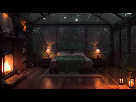 Sleep to a Thunderstorm in a Cozy Greenhouse Bedroom | Rain on Roof, Fire Crackle & Thunder Sounds