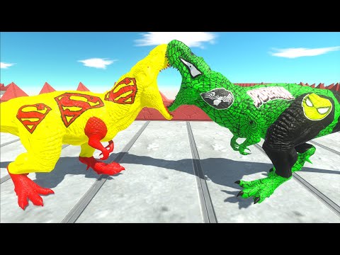 YELLOW SUPERMAN T-REX VS GREEN SPIDERMAN T-REX DEATH RUN - Animal Revolt Battle Simulator
