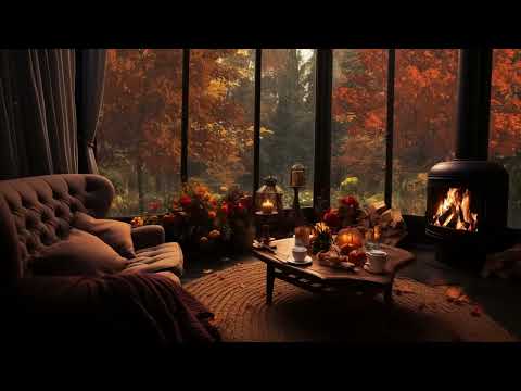 Rainy Autumn Day with Crackling Fireplace in a Cozy Hut Ambience - Relax, Sleep or Study🍂