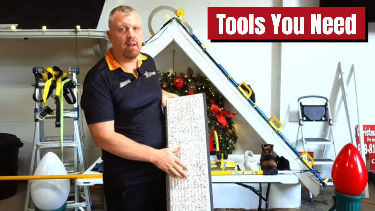 Pro Christmas light installation tools laid out for shop work