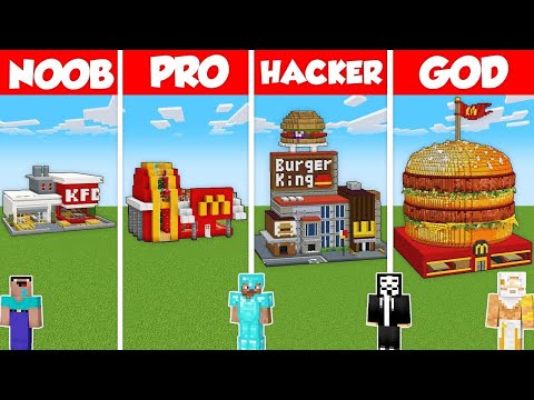 Noob Builder - Minecraft - FAST FOOD CAFE HOUSE BUILD CHALLENGE - Minecraft Battle: NOOB vs PRO vs HACKER vs GOD / Animation