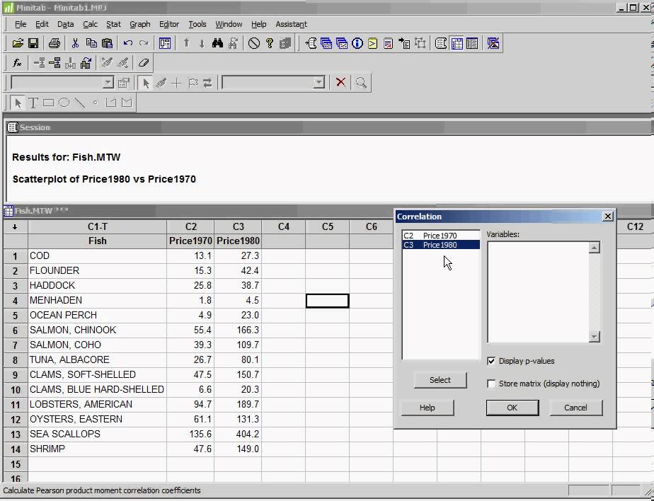 Correlation with MINITAB (use Full Screen)