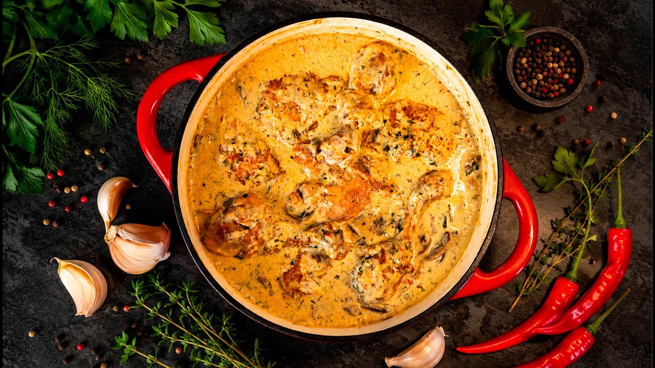 Чесночная курица в сливочно-грибном соусе
