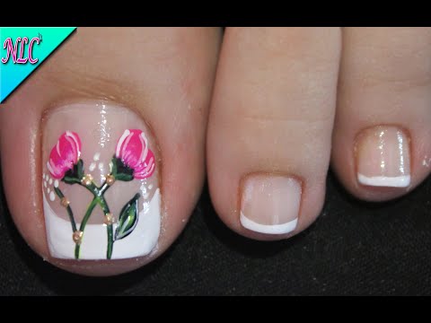 DISEÑO DE UÑAS PARA PIES FLORES Y FRANCÉS MUY FÁCIL DE HACER – FRENCH NAIL ART – FLOWERS NAIL ART