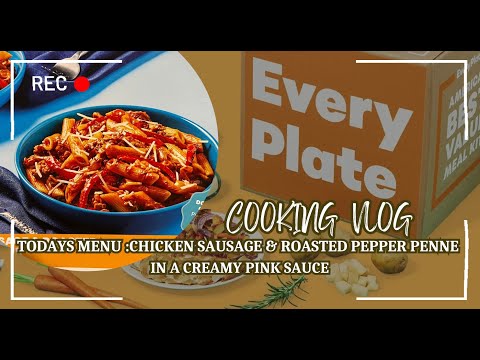 Every plate delivery meal kit Menu: Pork Sausage & Roasted Pepper Penne in a creamy pink sauce.