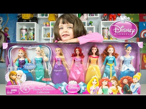 Disney Princess Doll Collection & Name That Princess Ariel Elsa Anna Rapunzel Belle Cinderella Video