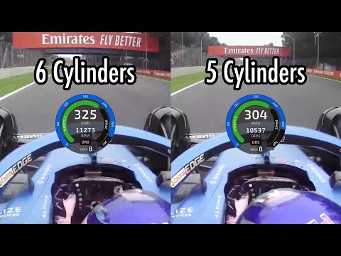 How much slower F1 car is if engine loses 1 cylinder?