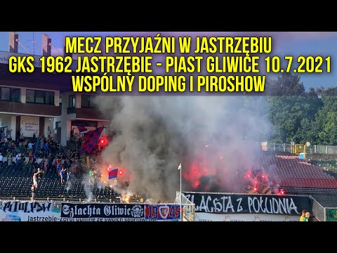 Mecz przyjaźni w Jastrzębiu. GKS 1962 Jastrzębie - Piast Gliwice 10.7.2021/wspólny doping i piroshow