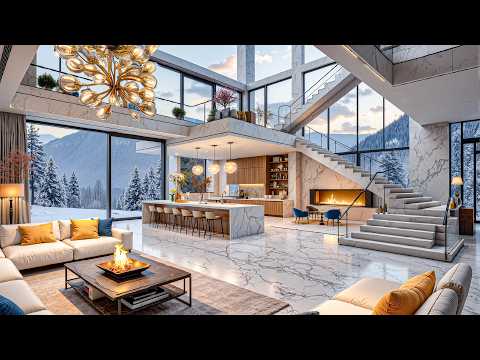Mellow Jazz Winter Luxury Living Room – Soothing Jazz And Facing Snowy Mountains For Relaxing