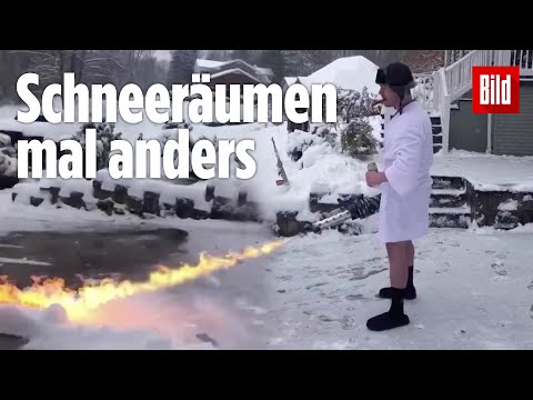 Feuer gegen den Schnee: Mann benutzt Flammenwerfer statt Schaufel