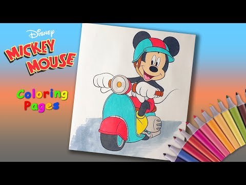 Mickey Mouse Disney coloring book. Mickey on the moped coloring pages for children. Video