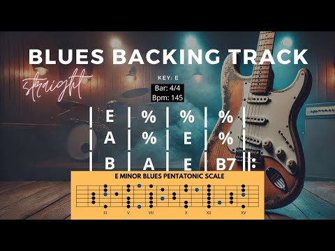 Straight Blues Backing Track in E 145 bpm (With Major & Minor Blues Pentatonic Scale Diagrams!!!)