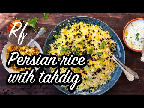 How to cook Persian rice with saffron and tahdig - rice crust. Served with berberi and parsley. >