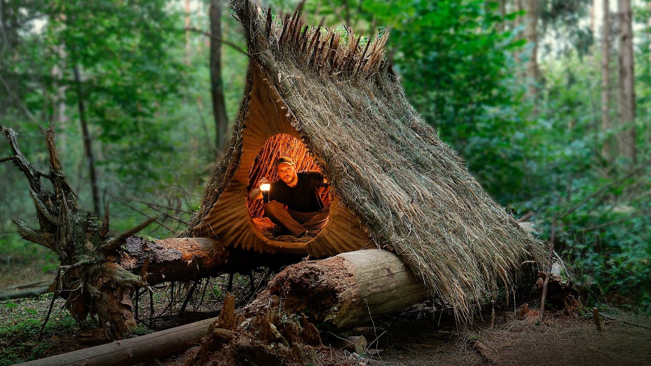 Hidden Cozy Survival Hut Built on Fallen Trees. Bushcraft, Survival