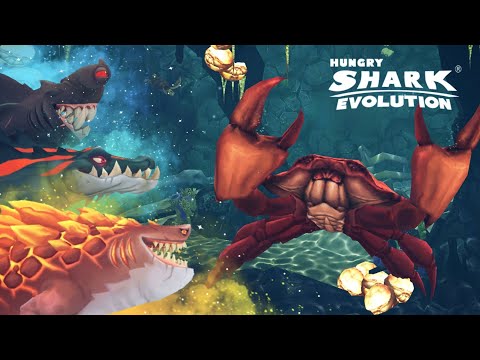 ALL EVOLVED SHARKS (DARKHAMMER, LORD SNAPPY, MAGMAJIRA) VS  GIANT CRAB - Hungry Shark Evolution